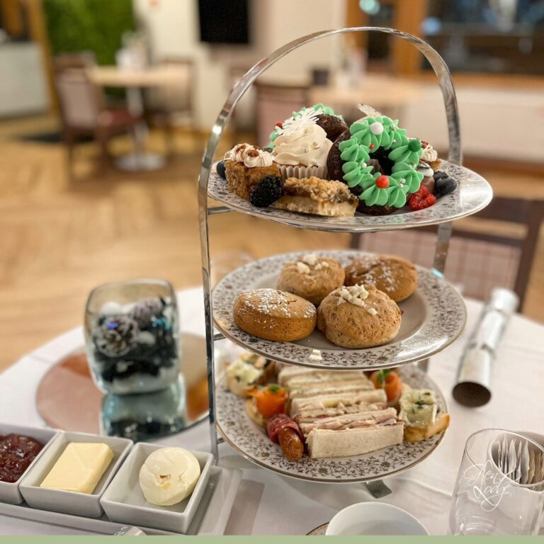 Christmas afternoon tea at Glen Lodge with festive cakes, mince pies, scones and mulled wine overlooking Bawburgh Golf Club