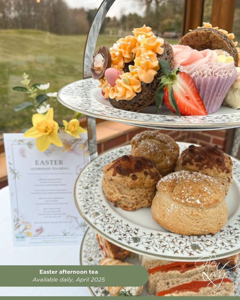 Easter afternoon tea at Glen Lodge with hot cross buns, pastel cakes, chocolate eggs and scones overlooking Bawburgh Golf Club