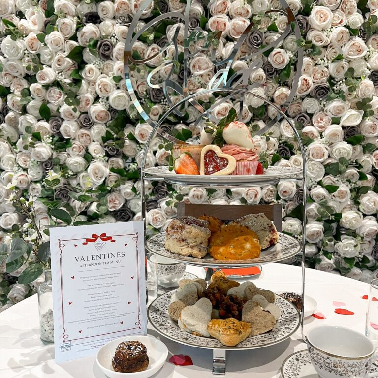Valentine’s afternoon tea at Glen Lodge with heart-shaped cakes, chocolate-dipped strawberries and scones overlooking Bawburgh Golf Club